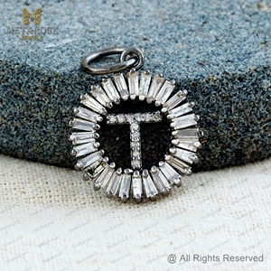 Pave Diamond <b>Initial</b> T Charm Oxidized 925 <b>Silver</b> Baguette Diamond Alphabet Pendant <b>Necklace</b> Unisex Jewelry Wholesale - Product Image 5