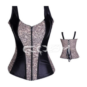 Corset en dentelle et résille satinée noire avec laçage au dos, bustier à fermeture éclair sur le devant - Product Image 3
