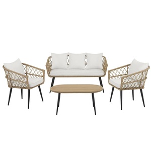 Ensemble chaise et table en rotin et osier Mobilier de salon Cercle Vague Cadre en aluminium Table basse ovale en teck - Product Image 2