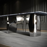 Table à manger rectangulaire moderne en marbre bleu argenté de 180 cm, Dubai, pieds en métal, design stable, 6 places, meubles pour la maison