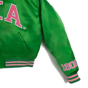 AKA giacca Varsity verde con maniche all'ingrosso giacca Bomber alla rinfusa di abbigliamento personalizzato da sorellanza produttore HBCU Divine nove - Product Image 4