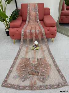 Hermoso Sari de Estilo Indio y Pakistaní en Tela Suave con Bordado de Hilo y Lentejuelas, Sari y Piezas de Blusa para Fiestas - Product Image 5