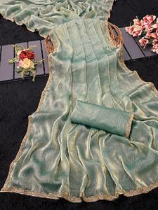 Bollywood diseñador pesado suave Chinon seda Moti encaje trabajo tradicional étnico Saree con blusa nupcial fiesta boda Ropa Étnica - Product Image 2