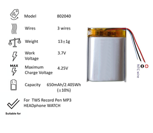 802040 聚合物锂电池 <span class=keywords><strong>3</strong></span> 线 802040-<span class=keywords><strong>3</strong></span> 650mAh <span class=keywords><strong>3</strong></span>.7V 高容量充电电池 适用于 TWS 录音笔 MP3 手表 - Product Image 3
