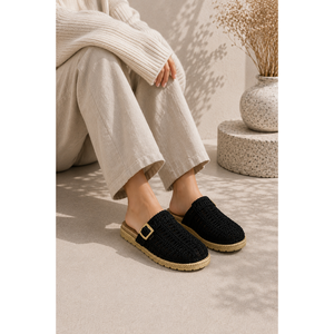 Black Knitted <b>Slippers</b> with Buckle Detail Closed Toe Indoor <b>Slippers</b> Soft Feature - Product Image 1