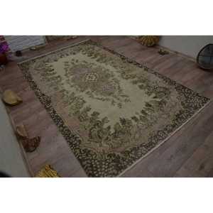 พรมขนาด 5.6x9.2 ฟุต, พรมวินเทจตุรกี, พรมขนสัตว์ลายดอกไม้สีเบจ - Product Image 2