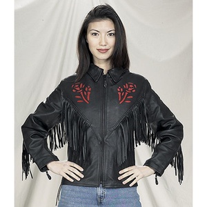 HMB-0315A Women's Winter Motorcycle Jacket <b>Rose</b> Black XL Size Cotton Filled Leather Style Fringes Tassels Zipper Windproof - Product Image 3