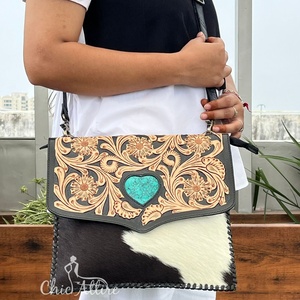 Famous Brand Elegant Fashion Tooled Genuine Leather Envelope Design Handbag Hair-On Leather Turquoise Stone Women's Shoulder <b>Bag</b> - Product Image 1