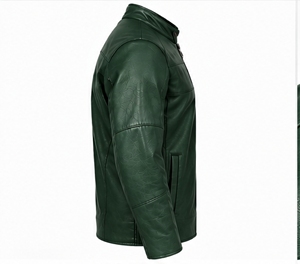INDEX SPORTS WEAR Chaqueta de Cuero PU Verde para Hombre, Estilo Motero, Cuello Alto, Cierre de Cremallera, Ropa de Otoño - Product Image 4