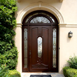 Porte d'entrée en bois massif Golden Aero GA-35G avec panneaux latéraux en verre teinté, design incurvé, style européen - Product Image 1