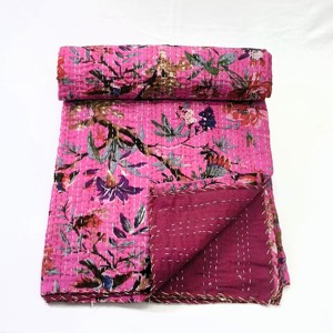 Jaipur Handmade Vintage Cotton Kantha <b>Quilt</b> Multi Color Floral Printed Blanket Reversible Kantha <b>Throw</b> - Product Image 1