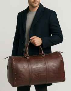 Sac de voyage de luxe en cuir véritable gaufré crocodile bordeaux avec fermeture éclair, idéal pour le week-end, les voyages, la gym, le sport et les séjours d'une nuit - Product Image 4