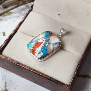 Colgante de plata 925 hecho a mano con cabujón rectangular de ostra espinosa tipo religioso cristiano - Product Image 6