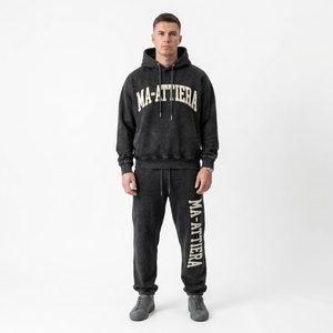 Custom Men Black Washed Hoodie <b>Jogger</b> Set Cotton Fleece <b>Oversized</b> Streetwear Tracksuit OEM Wholesale - Product Image 1
