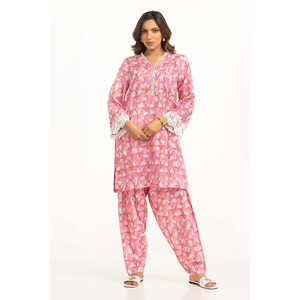 Ensemble coordonné décontracté rose imprimé pour femme, taille XXS, manches trois-quarts, longueur genou, printemps/été, en tissu crêpe, deux pièces - Product Image 3