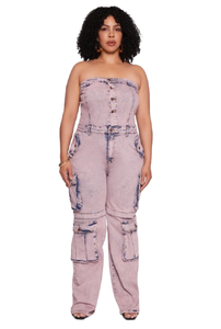 Combinaison en denim cargo sans bretelles marguerite grande taille pour femme - Product Image 4