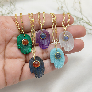 สร้อยคออัญมณีแกะสลักด้วยมือมาลาไคต์และคาร์เนเลียนแฮมซาชุบทอง18 + 2นิ้วจี้ยาวสร้อยคอสำหรับผู้หญิง - Product Image 6