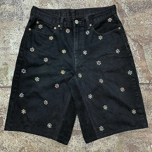 Custom Men's <b>Raw</b> VIRAL DENIM Baggy Jorts Distressed <b>Hem</b> Embroidered <b>Jeans</b> Shorts Rhinestone Applique Streetwear Vintage Summer - Product Image 5