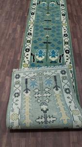 Vintage Folk Pattern <b>Carpet</b> Handwoven Knotted Green Wool <b>Runner</b> Rug Long Hallway Boho Scandinavian Style Boho Area Rugs & Sets - Product Image 2