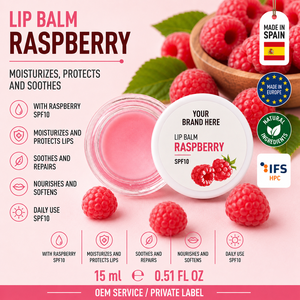 Baume à lèvres à la framboise en marque privée SPF10 15ml OEM |   Soin hydratant pour les lèvres au beurre de karité et à la vitamine E |   Espagne UE - Product Image 1