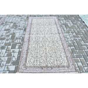 Tapis turc vintage 3,6 x 6,8 pieds, tapis de sol, tapis en laine blanc et marron à bordures - Product Image 1