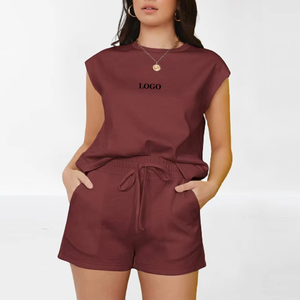 Conjunto de dos piezas de moda para mujer, último diseño, Top de Color sólido y pantalones cortos con cordón para mujer, ropa deportiva sin mangas para gimnasio - Product Image 5