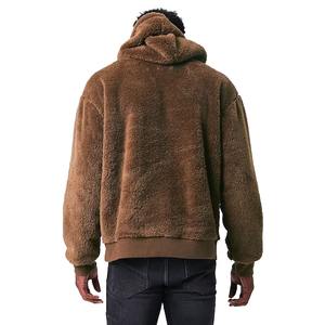 Sweat à capuche pour homme en coton/polyester, fourrure Teddy, marron, style tendance, écologique, respirant, ourlet brut, poche kangourou pour l'hiver - Product Image 3