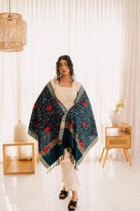 Blue Kashmiri <b>Shawl</b> Wool <b>Wrap</b> with Elegant Sozni Work Winter Accessory for Stylish <b>Women</b> Attire - Product Image 2