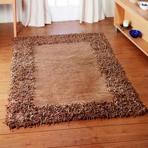 Ensemble de tapis et de moquettes en cuir fait main, à poils longs, motif abstrait, hauteur de poils en peluche, style uni, antidérapant, beige, pour usage domestique - Product Image 1