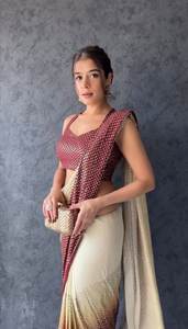 El último diseñador exclusivo suave Georgette Saree Handblock impreso estilo indio para ropa de fiesta de boda decorada con borlas - Product Image 2