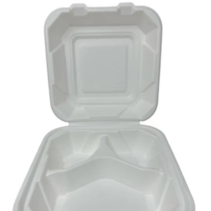 กล่องอาหารแบบฝาพับ 3 ช่อง ป้องกันการรั่วซึม ใช้กับไมโครเวฟได้ ผลิตจากชานอ้อย ใช้แล้วทิ้ง ผลิตในอินเดีย - Product Image 1