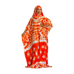 Robe Kaftan Tie-Dye Orange pour Femme, Manches Longues, Coupe Ample, Manches Chauve-Souris, Tissu Tissé d'Été, Encolure Asymétrique, Robe Décontractée - Product Image 1
