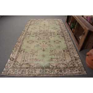 Tapis en laine turque vintage 5.5x9,6 pieds vert beige tissage plat motif patchwork pour les décorations de salon couloir utiliser du latex - Product Image 1