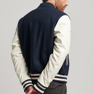 Veste de sport pour homme bleu marine avec manches crème, col montant, fermeture à boutons, vêtement décontracté pour l'automne - Product Image 4