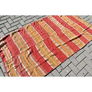 Alfombra turca vintage ecológica de pelo medio rústico rojo naranja 3,5x6,6 pies área grande diseño de retazos comedor lana látex - Product Image 2