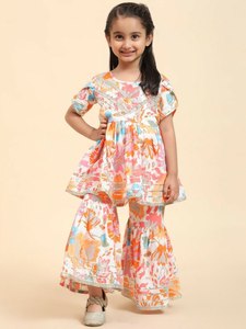 I bambini di alta qualità indossano ricami in Georgette cuciti in cotone etnico stampato per bambine Kurti pantaloni Set moda del sud asiatico - Product Image 2