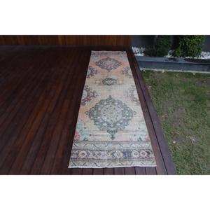Vintage Rug, 2.6x9.9 ft <b>Runner</b> Turkish Rug, Blue <b>Red</b> Check Rug - Product Image 1