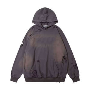 Sweat à Capuche Surdimensionné Distressed Retro Streetwear Design de Trou Personnalisé Usine Entière - Product Image 1