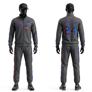 Survêtement de tennis pour homme 280 GSM en polyester premium gris avec panneau latéral bleu orange, logo personnalisé par transfert thermique - Product Image 1