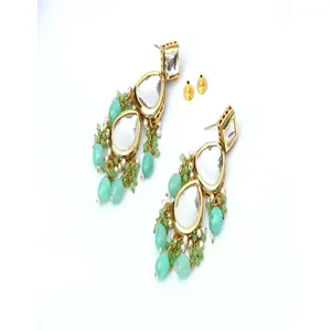 Conjunto de Joyería Fina de Acero Inoxidable y Cobre con Baño de Oro, Verde Menta, Estilo Tumble y Polki Kundan, con Zirconia como Piedra Principal - Product Image 4
