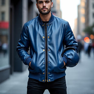 Manteaux en cuir véritable matelassé pour hommes Veste universitaire en cuir boutonnée coupe ajustée décontractée pour hommes - Product Image 1