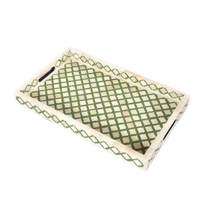 Plateau rectangulaire d'incrustation d'os motif treillis géométrique vert, décoration maison, disponible au prix de gros. - Product Image 1