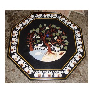 Octagonal Shape With Tree & Elephant Inlay Best Quality <b>Polished</b> <b>Black</b> Marble Inlay Table Tops Wholesaler - Product Image 1