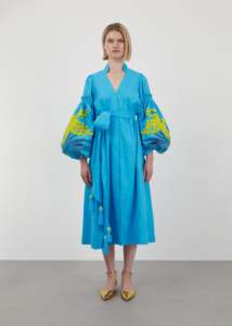 Wholesale Women Sky Blue Kaftan <b>Yellow</b> Embroidered <b>Balloon</b> Long Sleeves Tassel Belt Elegant Boho Floor-Length Eco-Friendly Robe - Product Image 4