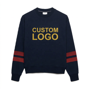 Sweat-shirt ample pour femme, style varsity, bleu marine, avec rayures rouges sur les manches et logo personnalisé doré - Product Image 1