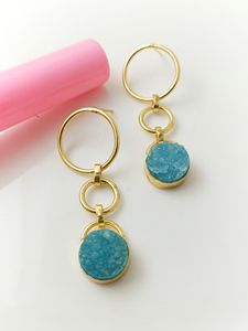 Pendientes Colgantes de Piedras Preciosas Druzy Multicolor Chapados en Oro de 18K, Joyería de Moda de Lujo Geométrica, Hechos a Mano en Latón, Elegantes para Fiesta - Product Image 2