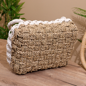 Cesta Organizadora de Mimbre Tejida a Mano con Asa Envuelta en Blanco y Compartimentos Divididos - Product Image 5