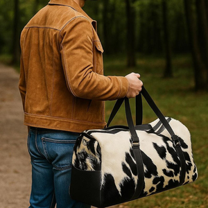 Black & <b>White</b> Cowhide Leather Duffel <b>Bag</b> Handmade Travel Weekender Zipper Closure Large Capacity Long <b>Shoulder</b> Straps for Unisex - Product Image 6
