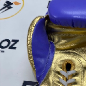 Gants de boxe en cuir véritable à lacets pour l'entraînement, bleu doré, respirants et anti-UV, vente en gros de gants de boxe sportifs - Product Image 6