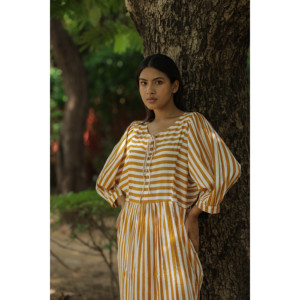 Vestido Midi Fluido para Mujer, Estilo Boho Chic, de Algodón, con Mangas Largas, Bolsillos, Estampado a Mano con Rayas, Sostenible, Talla 5XL, Suministro ODM - Product Image 3